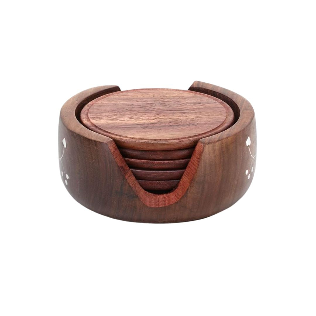 Wooden Tea Coaster Set With Stand Pack Of 6