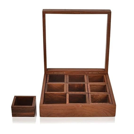 Sheesham Wood Masala Box With Spoon – 6 Jar Kitchen Spice Container