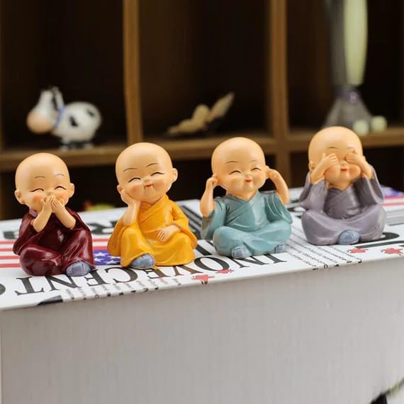 Resin Miniature Monk Statues Set of 4 Laughing Monk Figurines