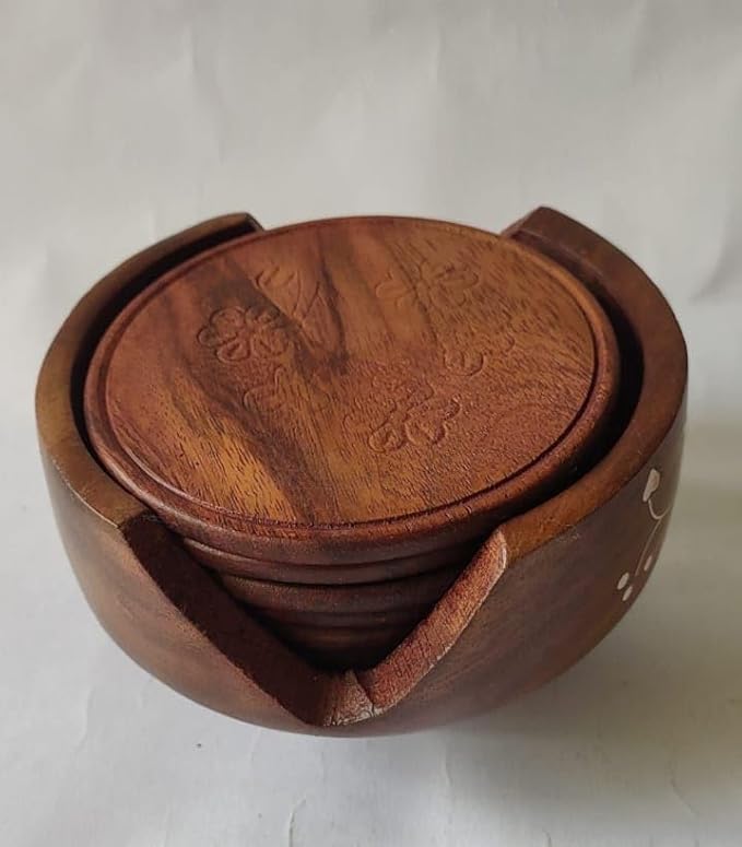 Wooden Tea Coaster Set With Stand Pack Of 6