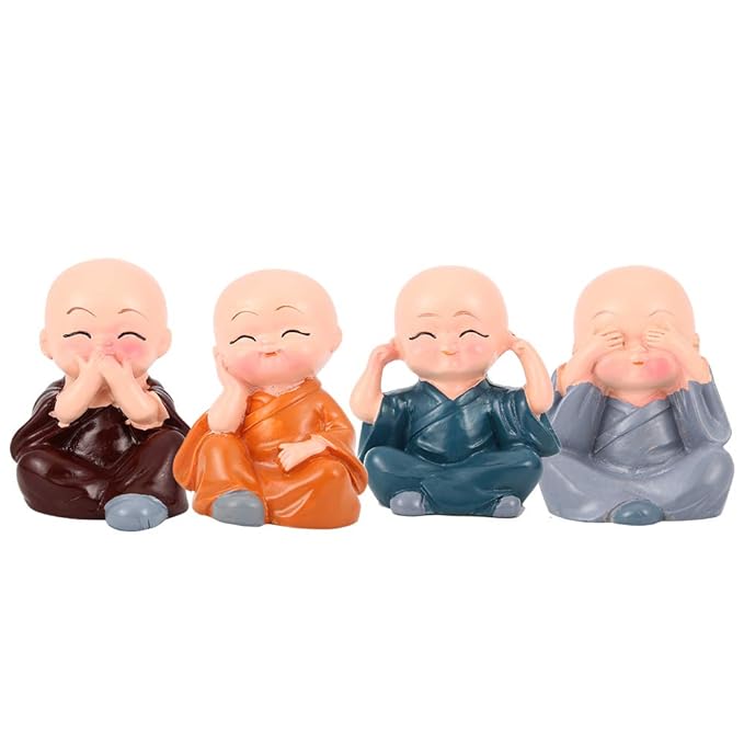 Resin Miniature Monk Statues Set of 4 Laughing Monk Figurines