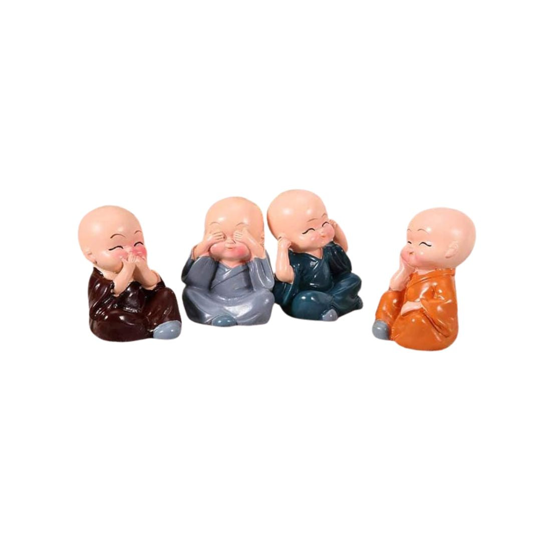 Resin Miniature Monk Statues Set of 4 Laughing Monk Figurines