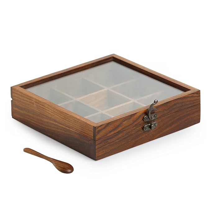 Sheesham Wood Masala Box With Spoon – 6 Jar Kitchen Spice Container