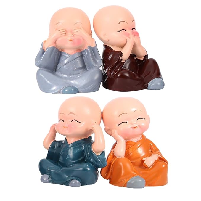 Resin Miniature Monk Statues Set of 4 Laughing Monk Figurines