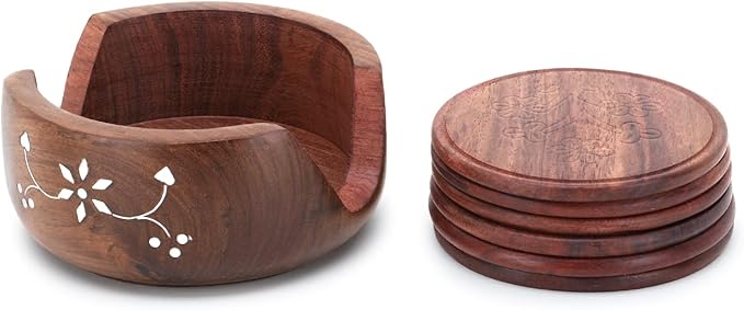 Wooden Tea Coaster Set With Stand Pack Of 6