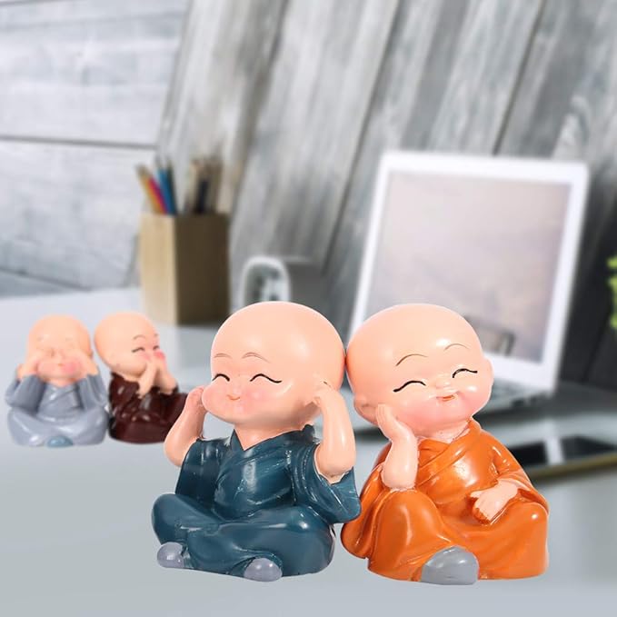 Resin Miniature Monk Statues Set of 4 Laughing Monk Figurines