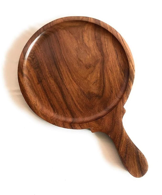 Round Wooden Pizza Serving Tray With Handle 10 Inch