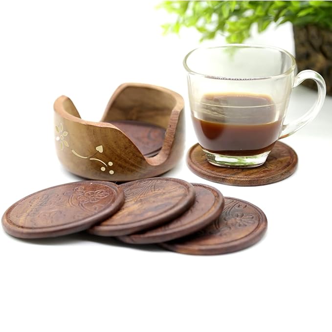 Wooden Tea Coaster Set With Stand Pack Of 6