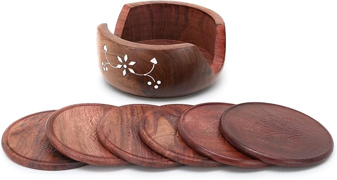 Wooden Tea Coaster Set With Stand Pack Of 6