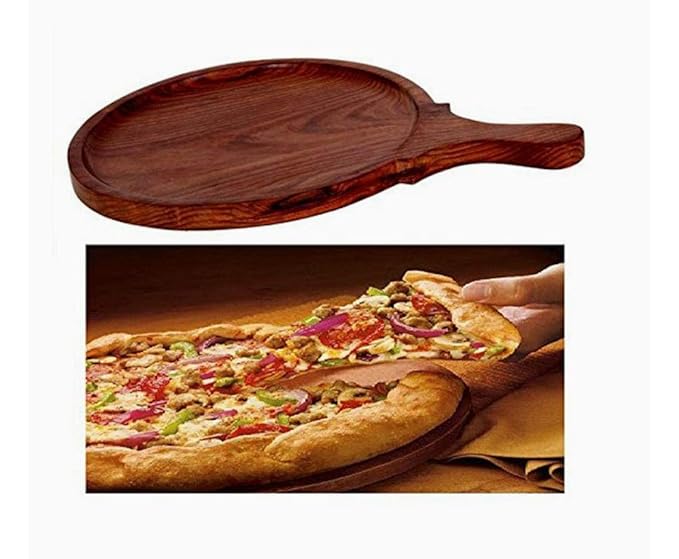 Round Wooden Pizza Serving Tray With Handle 10 Inch