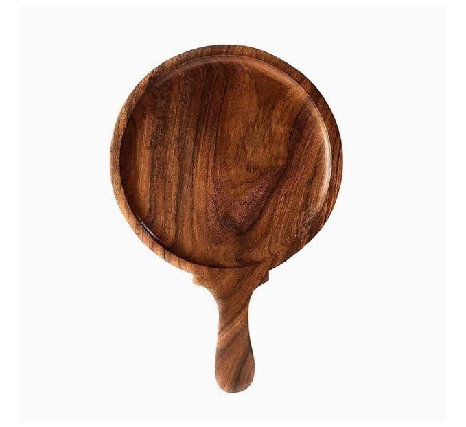 Round Wooden Pizza Serving Tray With Handle 10 Inch