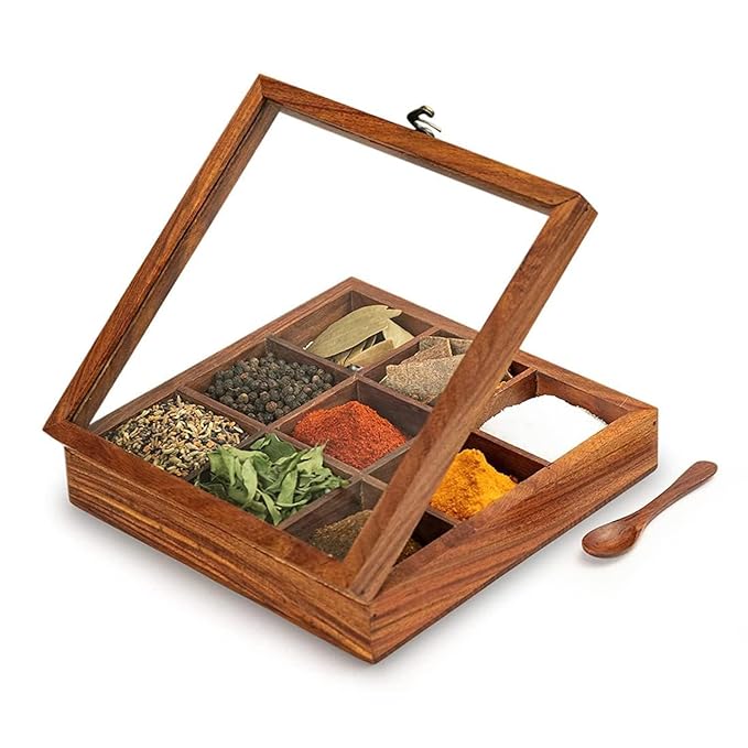 Sheesham Wood Masala Box With Spoon – 6 Jar Kitchen Spice Container
