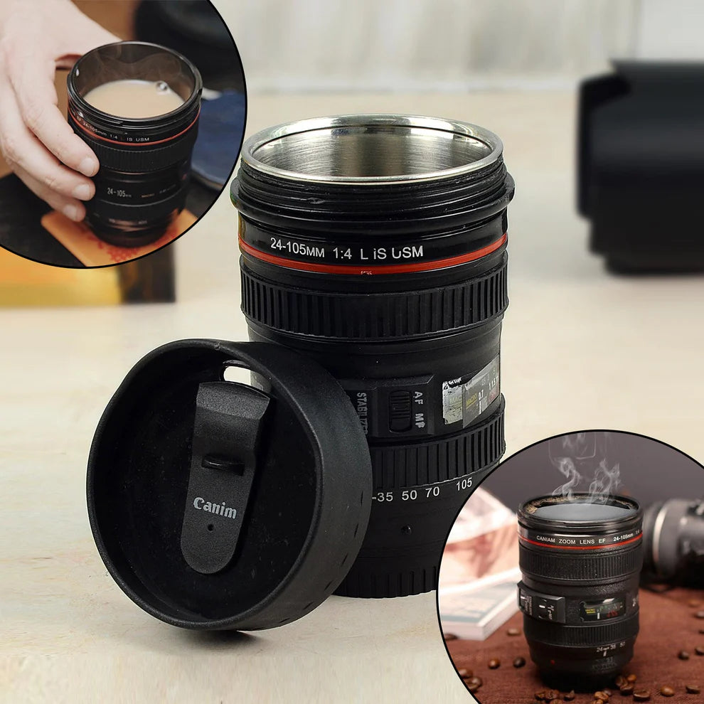 Stainless Steel Camera Lens Coffee Mug With Led