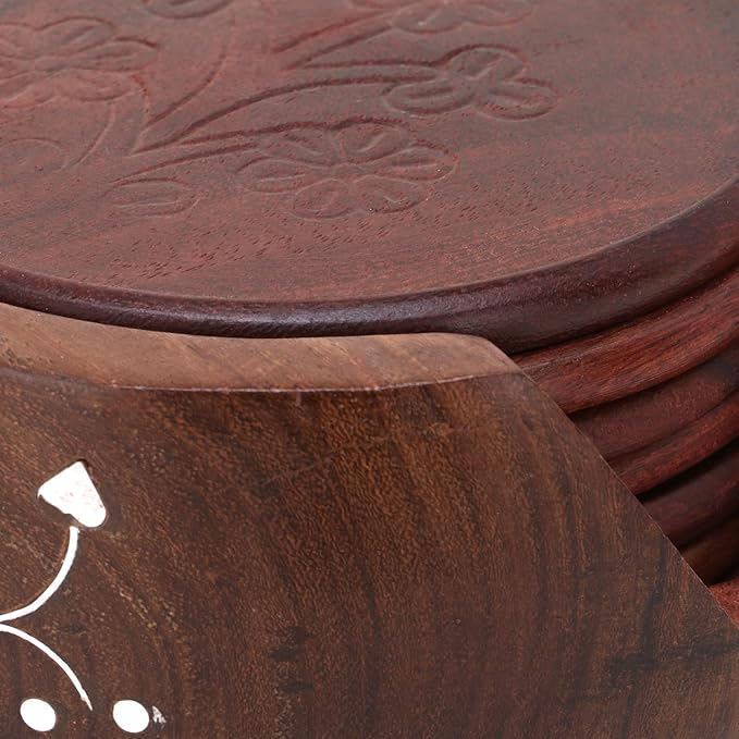 Wooden Tea Coaster Set With Stand Pack Of 6