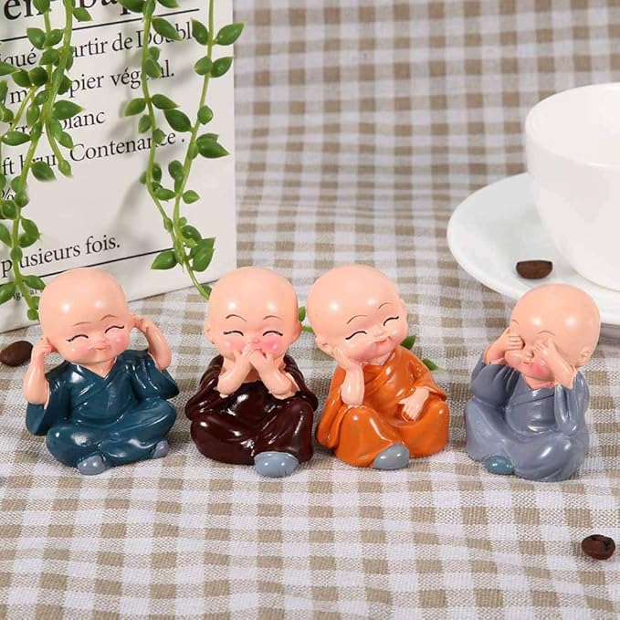 Resin Miniature Monk Statues Set of 4 Laughing Monk Figurines