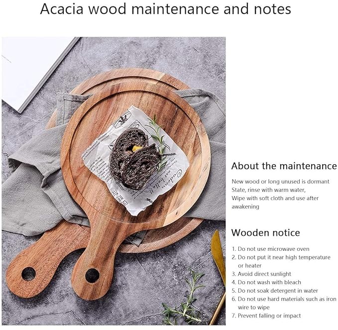 Round Wooden Pizza Serving Tray With Handle 10 Inch