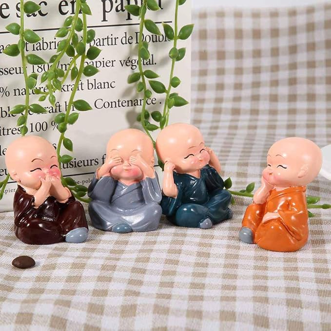 Resin Miniature Monk Statues Set of 4 Laughing Monk Figurines