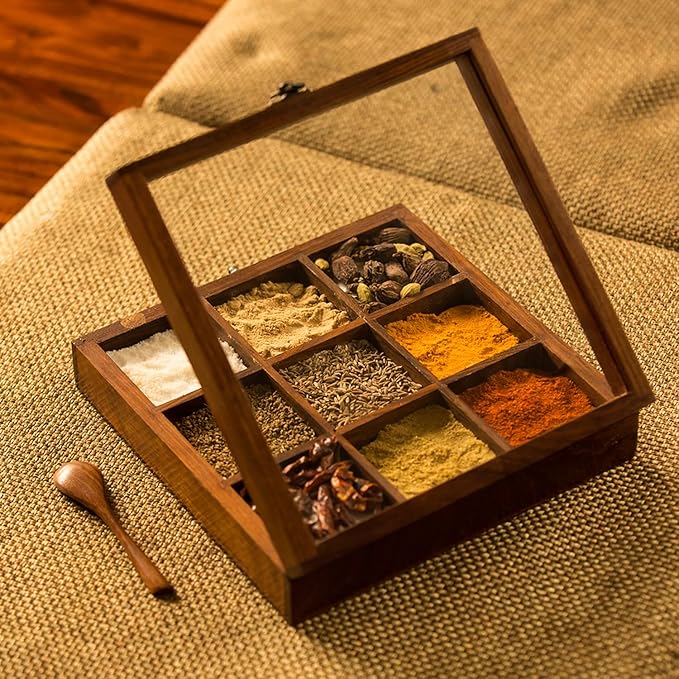 Sheesham Wood Masala Box With Spoon – 6 Jar Kitchen Spice Container