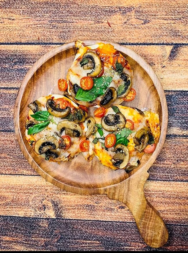 Round Wooden Pizza Serving Tray With Handle 10 Inch