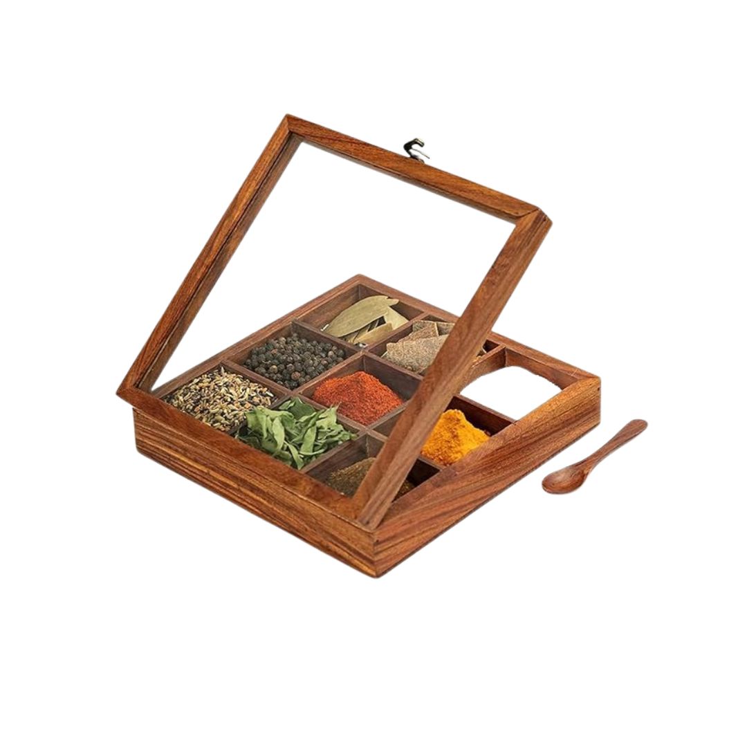 Sheesham Wood Masala Box With Spoon – 6 Jar Kitchen Spice Container